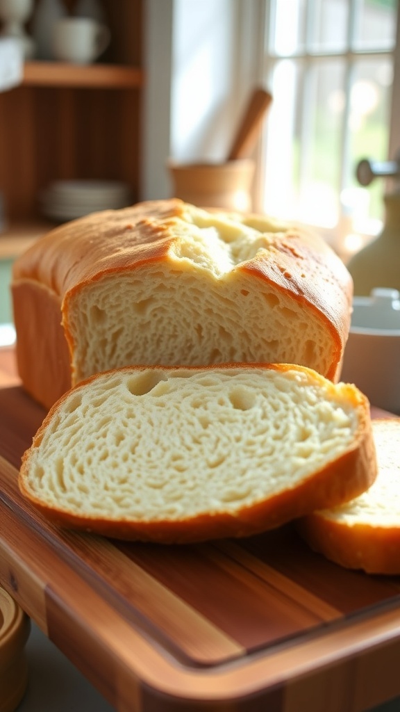 Gluten-Free Egg White Bread Recipe Sliced gluten-free egg white bread on a wooden cutting board with a golden crust.